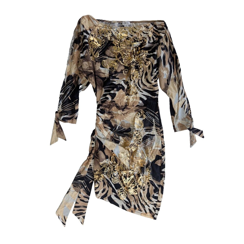 Cache XS Animal Floral Print Gold Foil Open Sleeve Tie Sleeve Sheath Dress